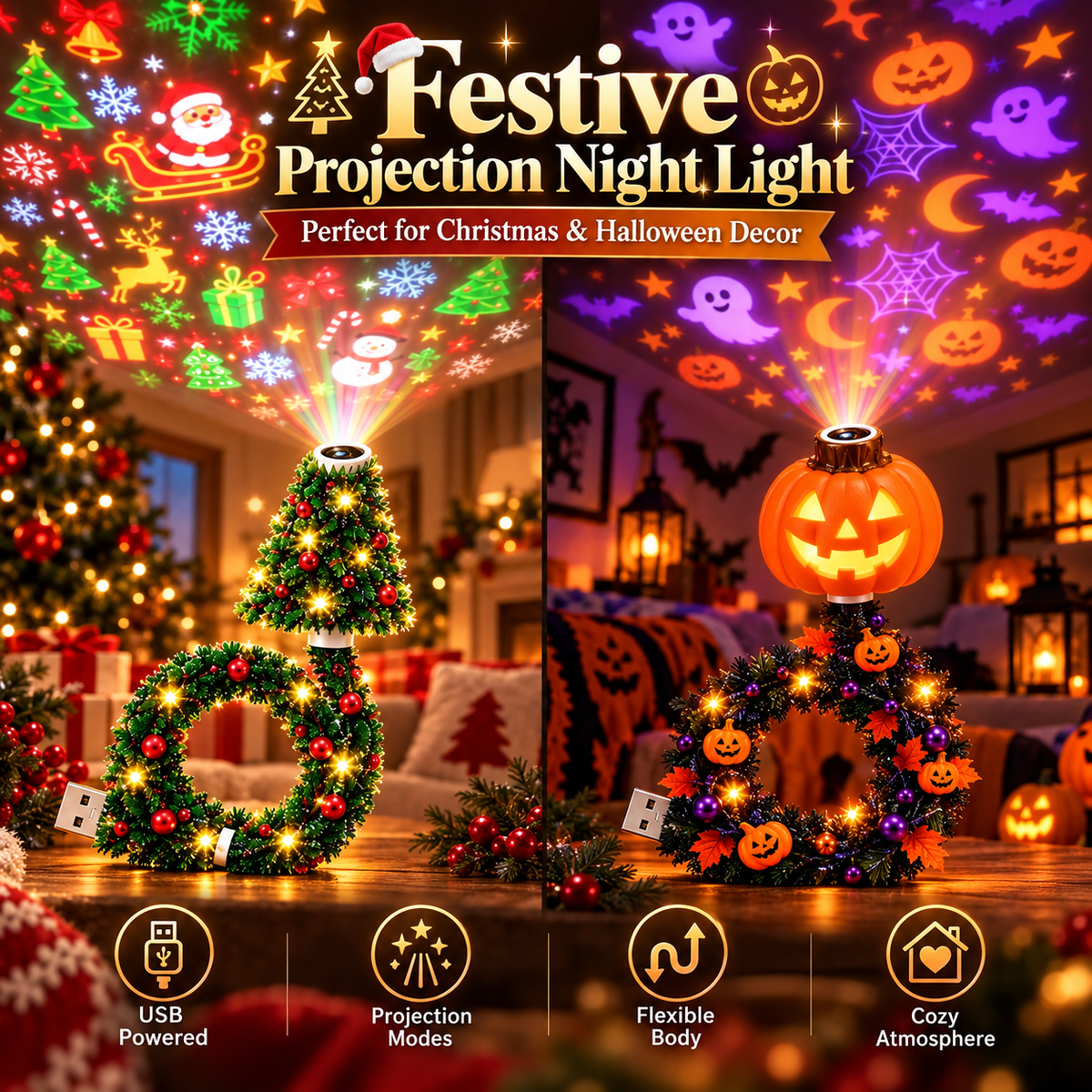 Christmas Tree & Halloween Pumpkin Projector Lamp, Multi-Pattern Holiday Decor Light with Warm LED Glow, Select Your Preferred Style