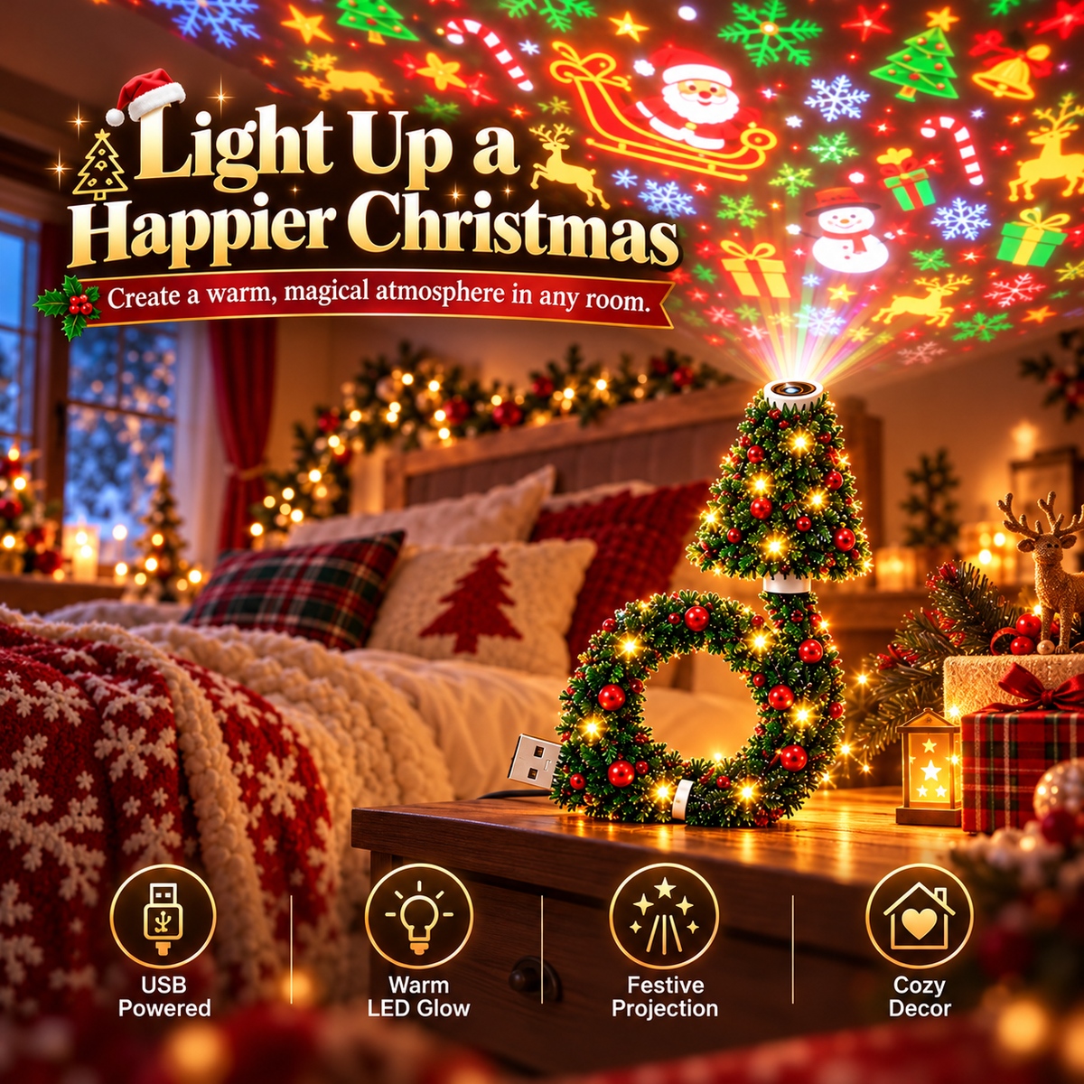 Christmas Tree & Halloween Pumpkin Projector Lamp, Multi-Pattern Holiday Decor Light with Warm LED Glow, Select Your Preferred Style