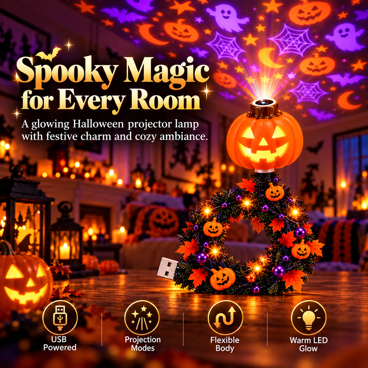 Christmas Tree & Halloween Pumpkin Projector Lamp, Multi-Pattern Holiday Decor Light with Warm LED Glow, Select Your Preferred Style