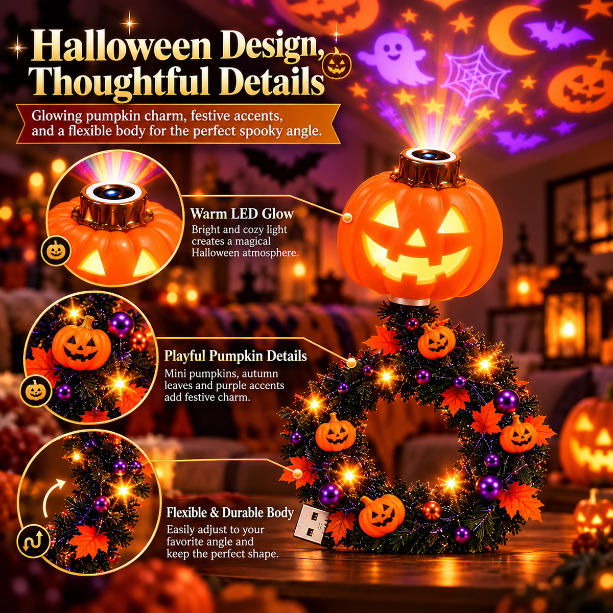 Christmas Tree & Halloween Pumpkin Projector Lamp, Multi-Pattern Holiday Decor Light with Warm LED Glow, Select Your Preferred Style