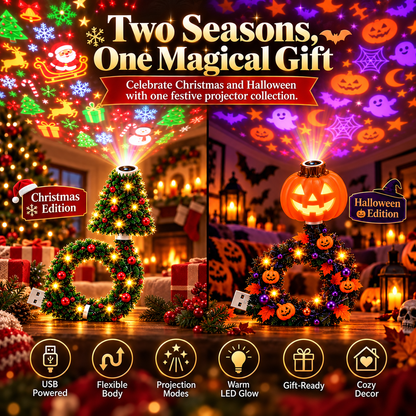 Christmas Tree & Halloween Pumpkin Projector Lamp, Multi-Pattern Holiday Decor Light with Warm LED Glow, Select Your Preferred Style