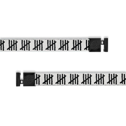 Flat hoodie string that changes out. Each side is white with black hash marks. Inside reads "Count Your Blessings". Each end has black metal aglets for changing the strings.