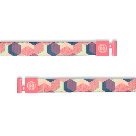 Outside string is geometric shapes of green, yellow, pink and orange.