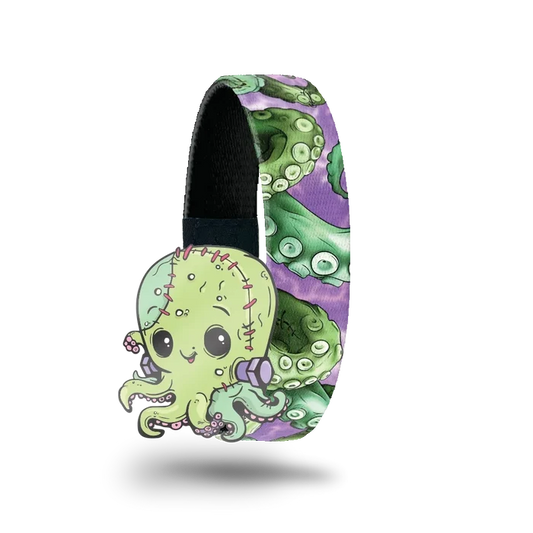 Outside is purple and has green octopus tentacles all over. Comes with a matching green octopus that has stitches on its head and bolts in its neck, like Frankenstein.