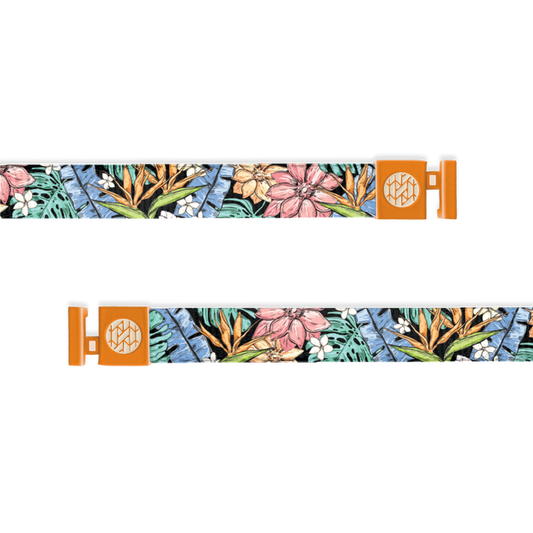 Hoodie string is black with blue and green leaves and orange, pink and white flowers. Has orange aglets.