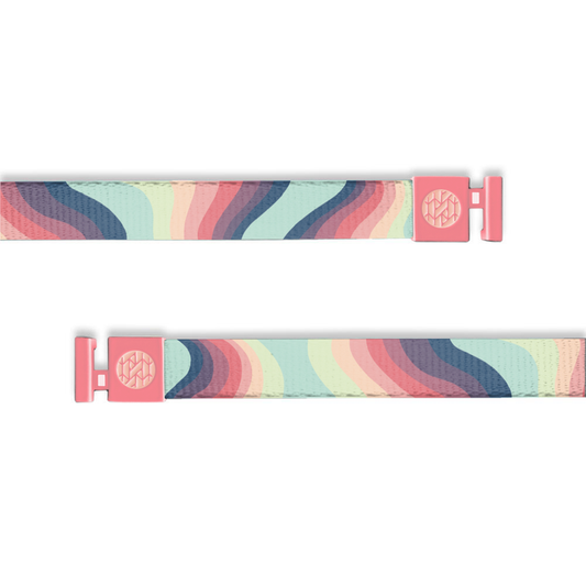 Hoodie string with muted/retro colors of pink, red, purple, blue and greens in a wavy pattern. Has salmon colored aglets.