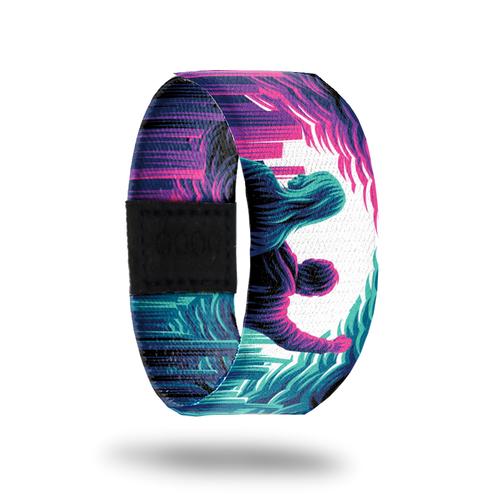Front Product image of elastic wristband called The Future Belongs To Us. The design is a pink male and blue female with clouds and a city to their sides. Next to the female is a pink design and next to the male is a blue design.