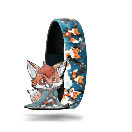 Outside is a blue night sky with stars and has cartoon foxes jumping all over with white clouds. Comes with a fox wearing a cape