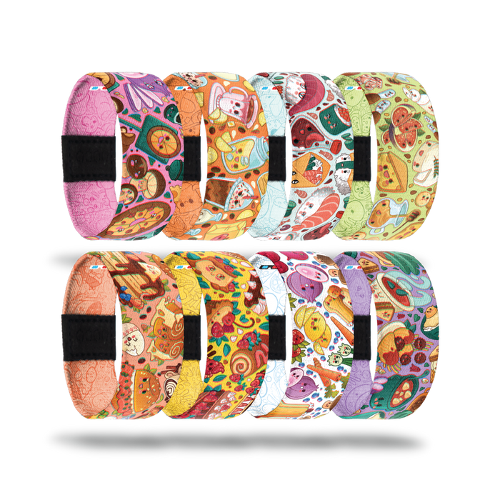 8 wristbands with different foods