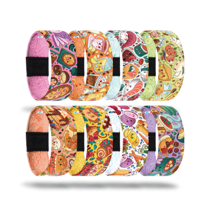 8 wristbands with different foods